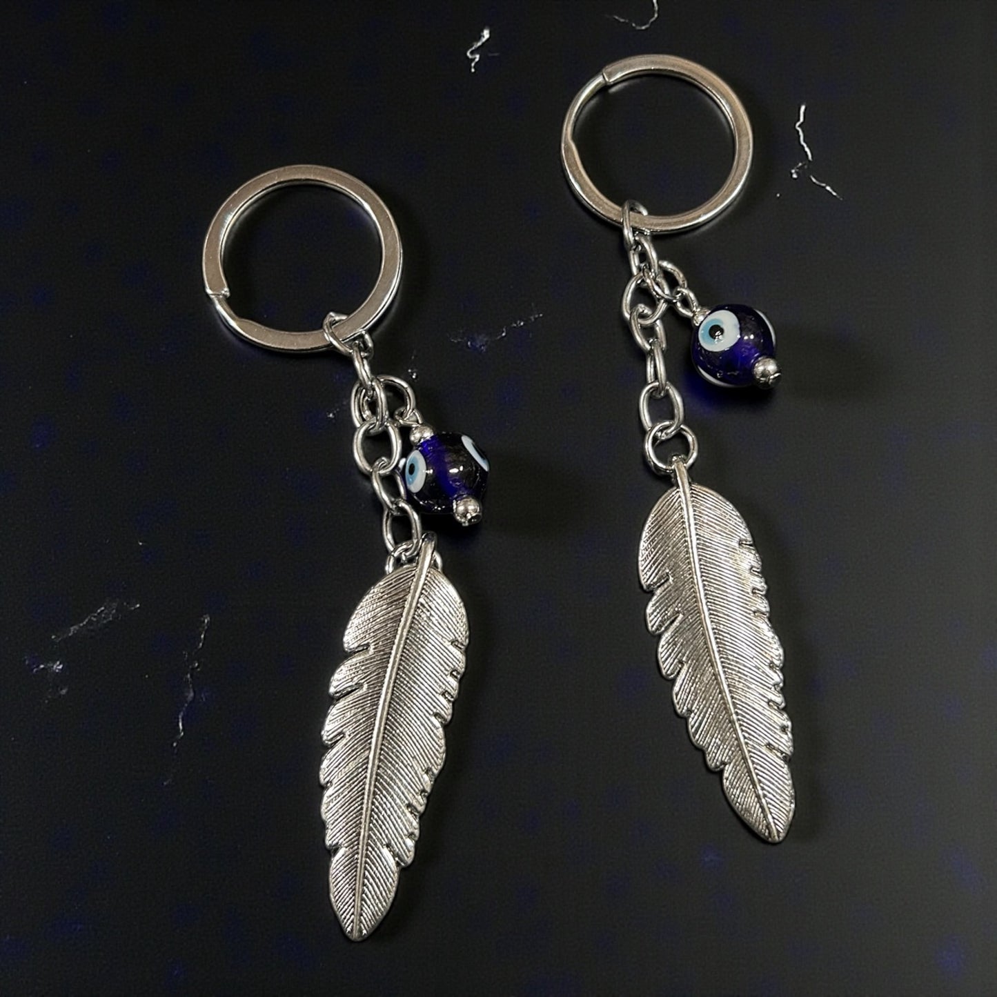 Silver Feather Evil Eye Keychain – Minimal Nazar Protective Charm Key Ring( pack of 12)