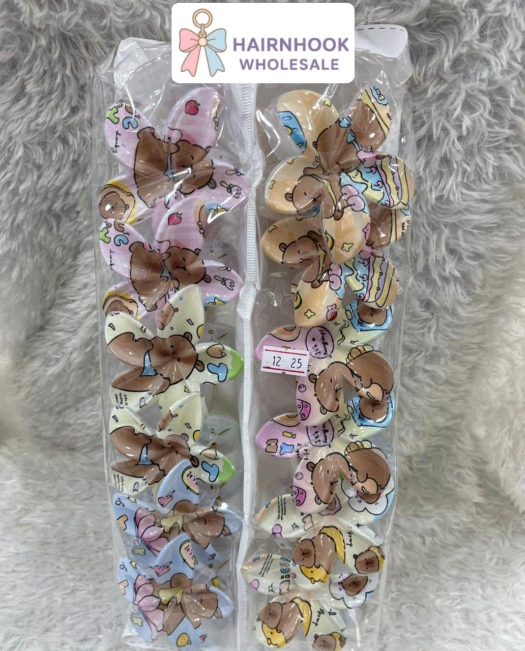 Cute Cartoon Bear Flower Hair Claw Clips Set | Printed Floral Design | Wholesale Hair Accessories( pack of 12)