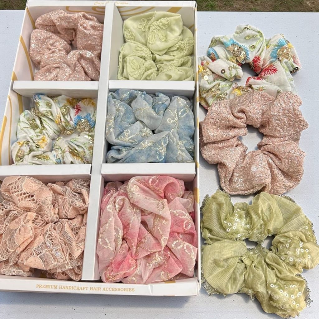 Premium Designer Fabric Hair Scruncher Set – Lace, Sequin & Embroidered Styles ( pack of 12)