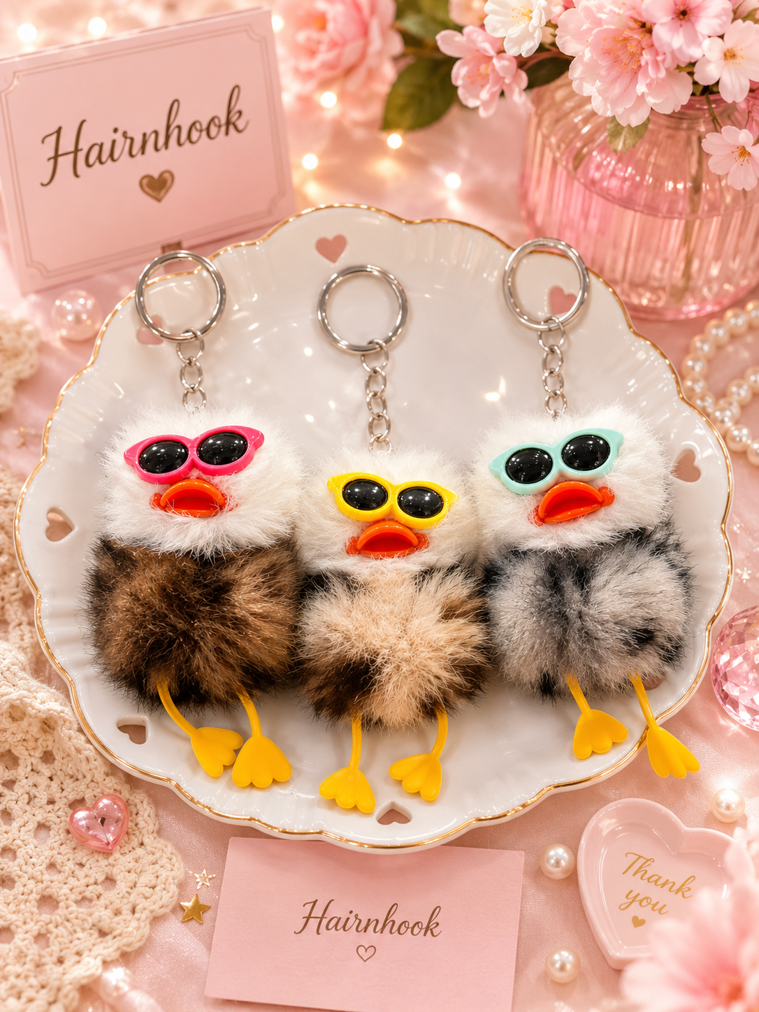 Cute Fluffy Bird Sunglasses Keychain | Kawaii Pom Pom Bag Charm | Soft Plush Key Ring(pack of 12)