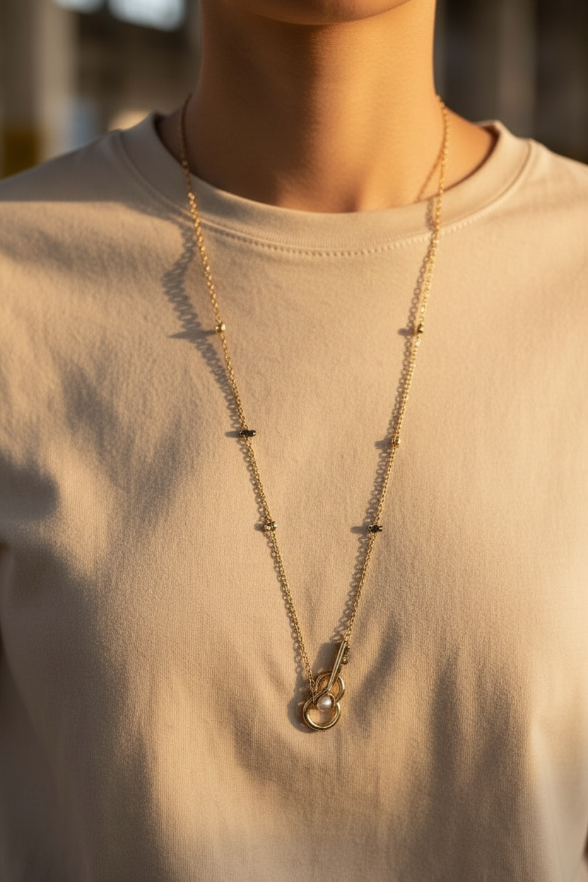 Minimal Pearl Ring Pendant Necklace – Elegant Long Gold-Tone Chain for Women( pack of 3)