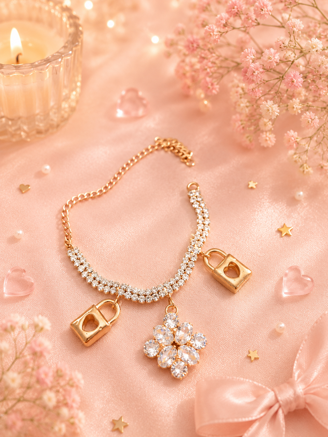 Princess Lock Charm Crystal Bracelet(pack of 2)with floating box