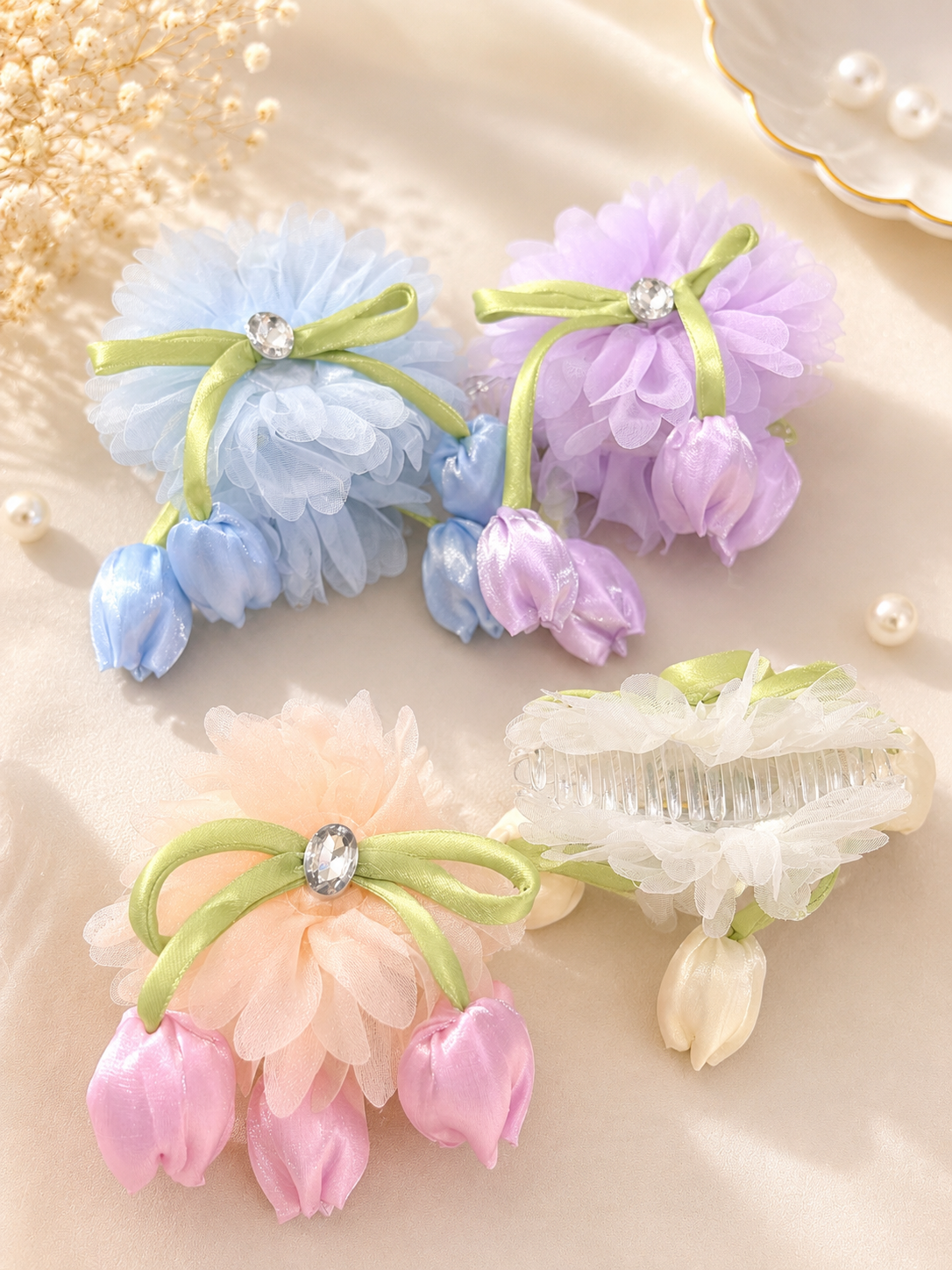Korean Tulip Flower Hair Clutcher – Pastel Floral Banana Clip for Girls & Women(pack of 12)