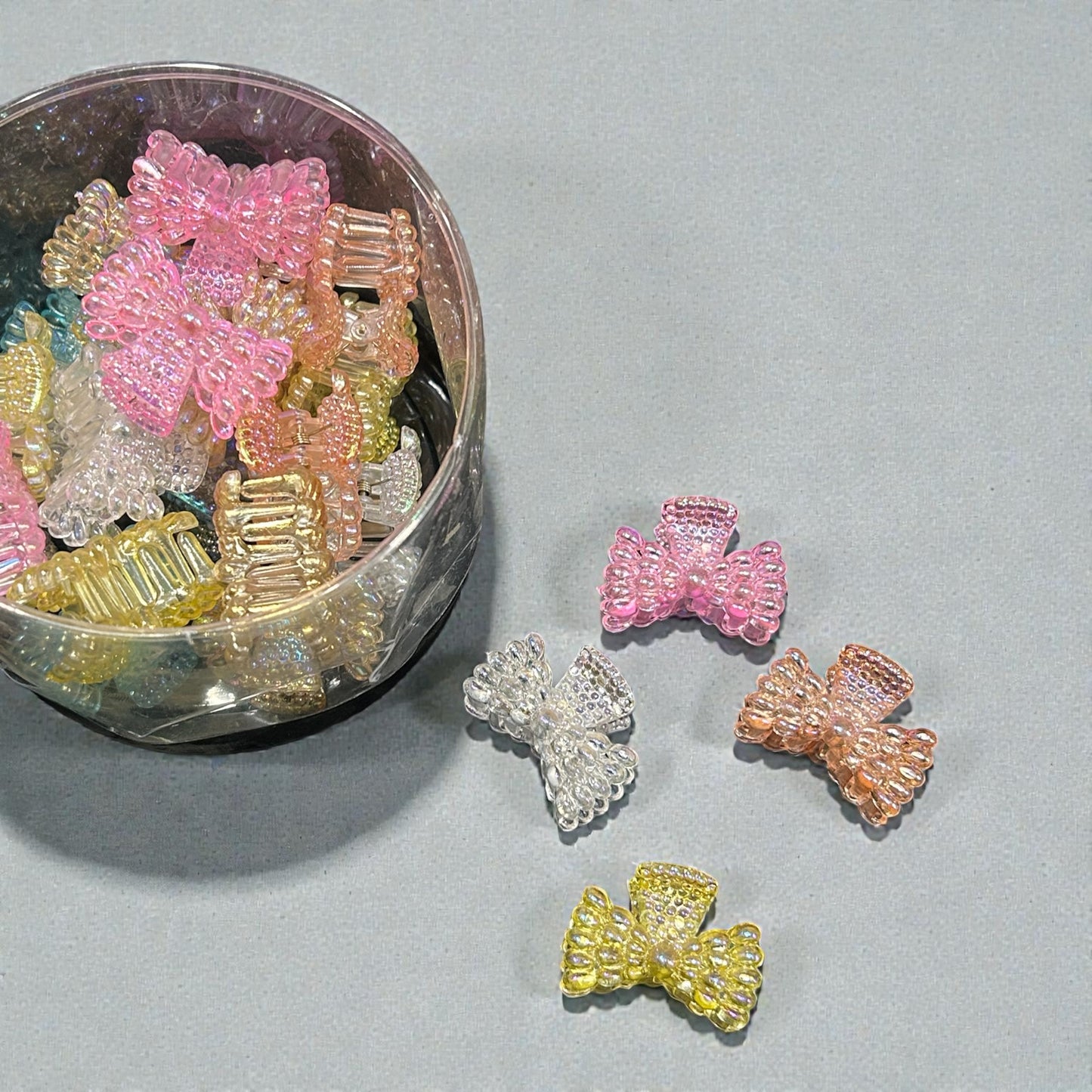 Mini Beaded Bow Hair Claw Clips – Transparent Glitter Design (Assorted Colors)( pack of 24)
