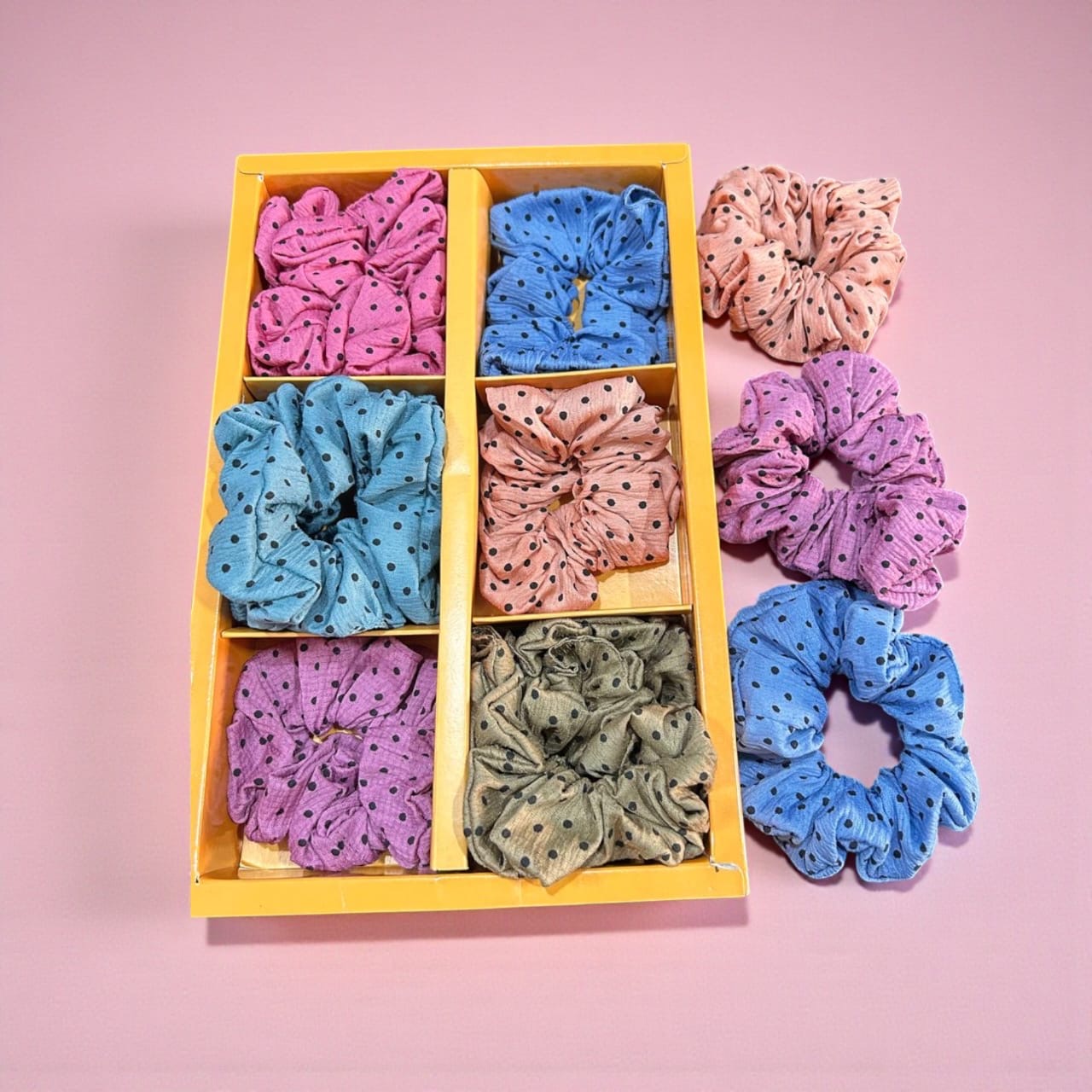 Polka Dot Cotton Fabric Hair Scruncher Set – Soft Printed Everyday Ponytail Holders ( pack of 12)