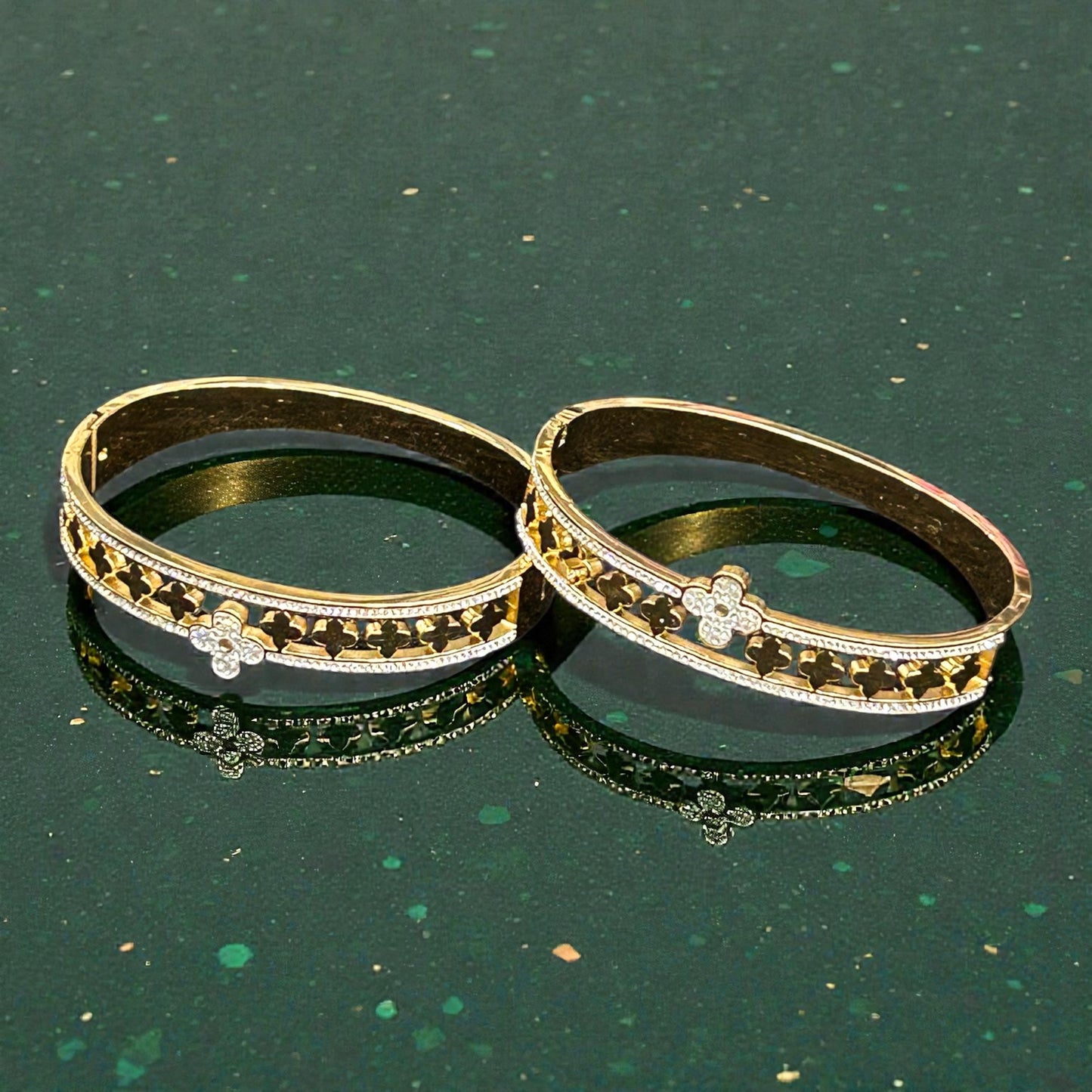 Anti-Tarnish Gold-Tone Floral Kada Bangles with Black Enamel & Crystal Detailing ( pack of 3)