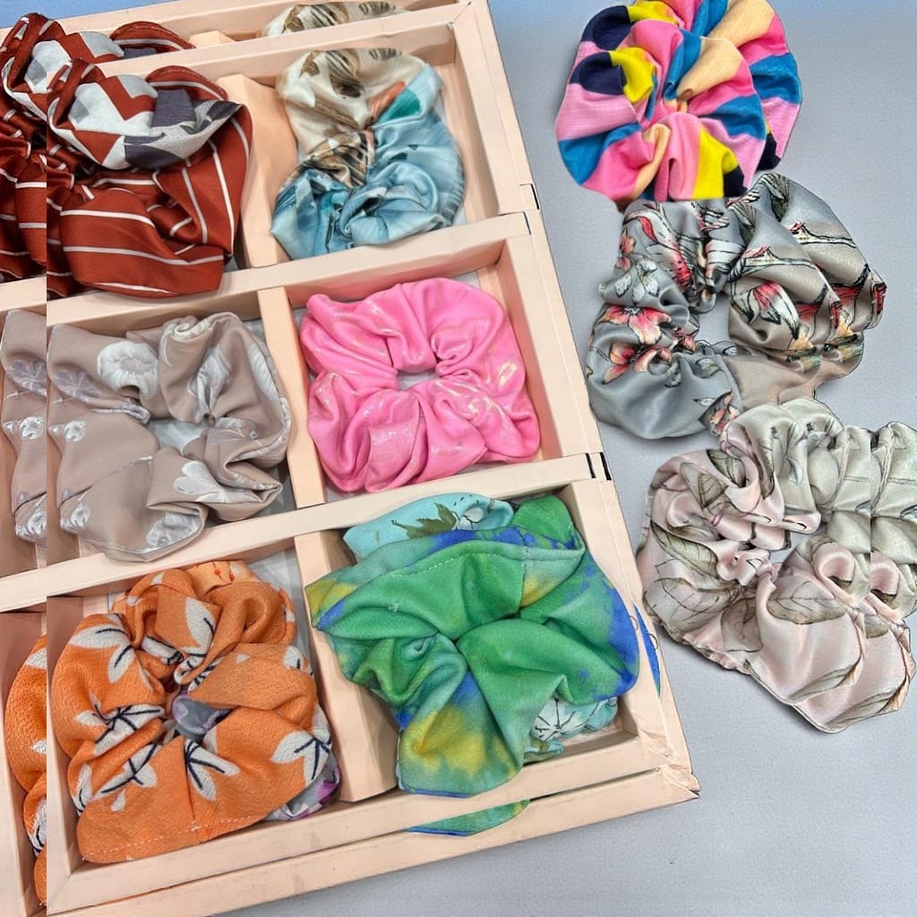 Premium Satin & Printed Fabric Hair Scruncher Set – Trendy Soft Ponytail Holders ( pack of 12)