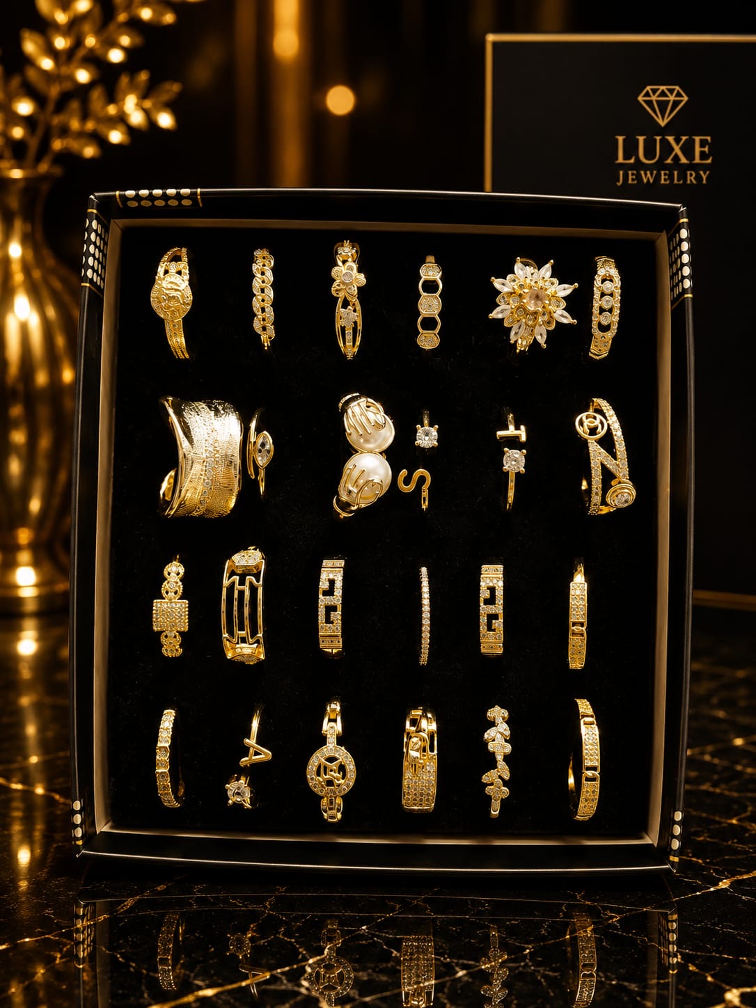 Premium Gold-Plated Adjustable Ring Set – 24 Luxury Statement Designs | Korean Fashion Jewelry Collection(pack of 24)
