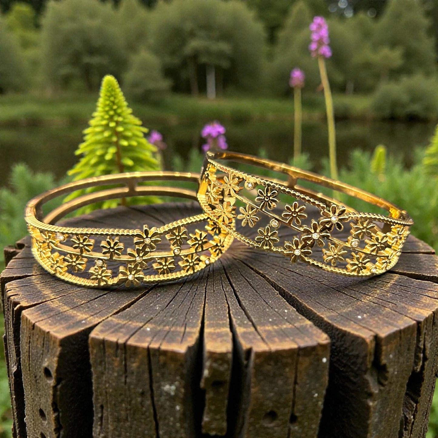 Anti-Tarnish Gold-Tone Floral Cutwork Openable Bangles with Crystal Accents( pack of 3)