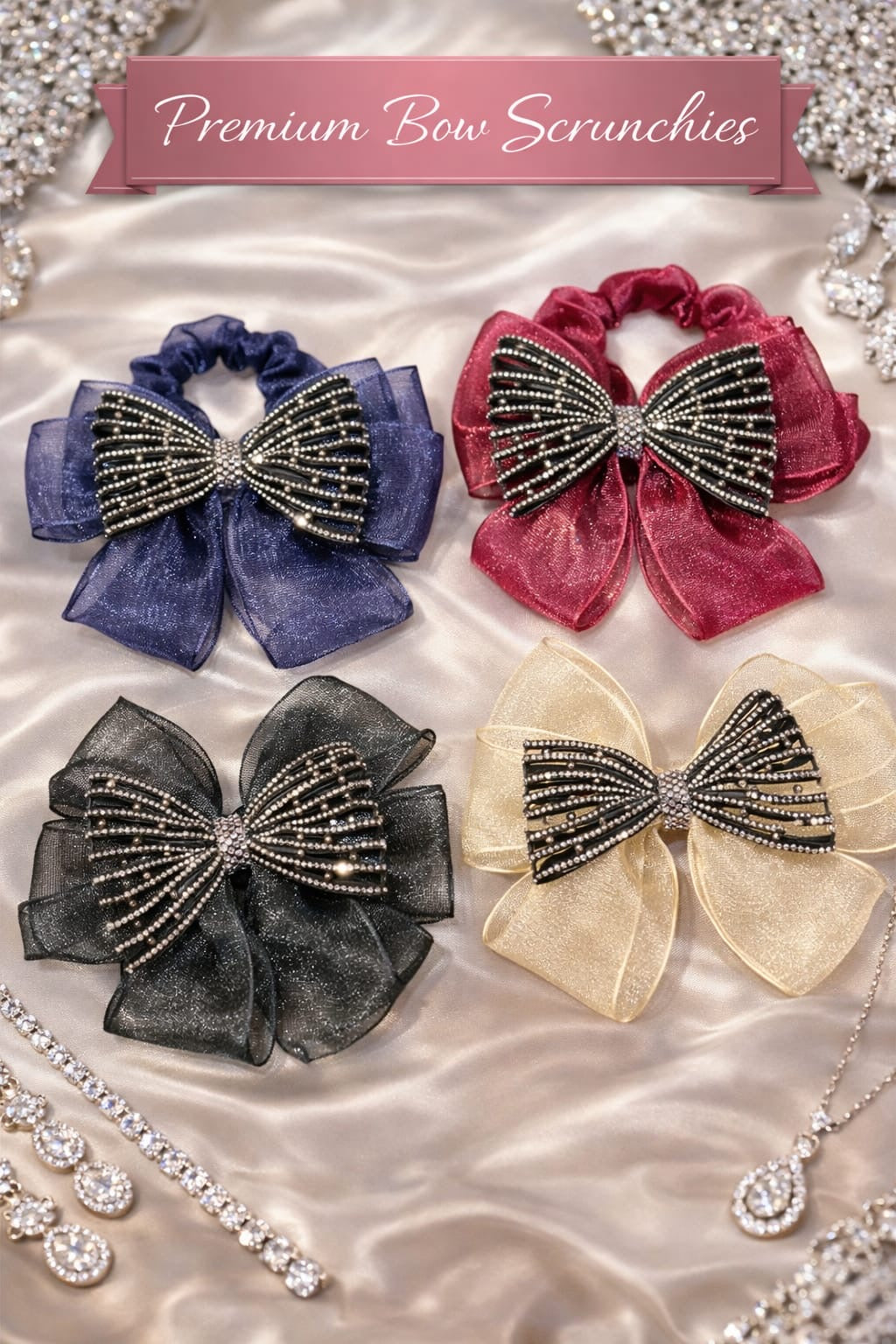 Premium Organza Bow Scrunchies β Luxury Rhinestone Hair Ties for Women & Girls | Elegant Party Wear Hair Accessories(pack of 6)