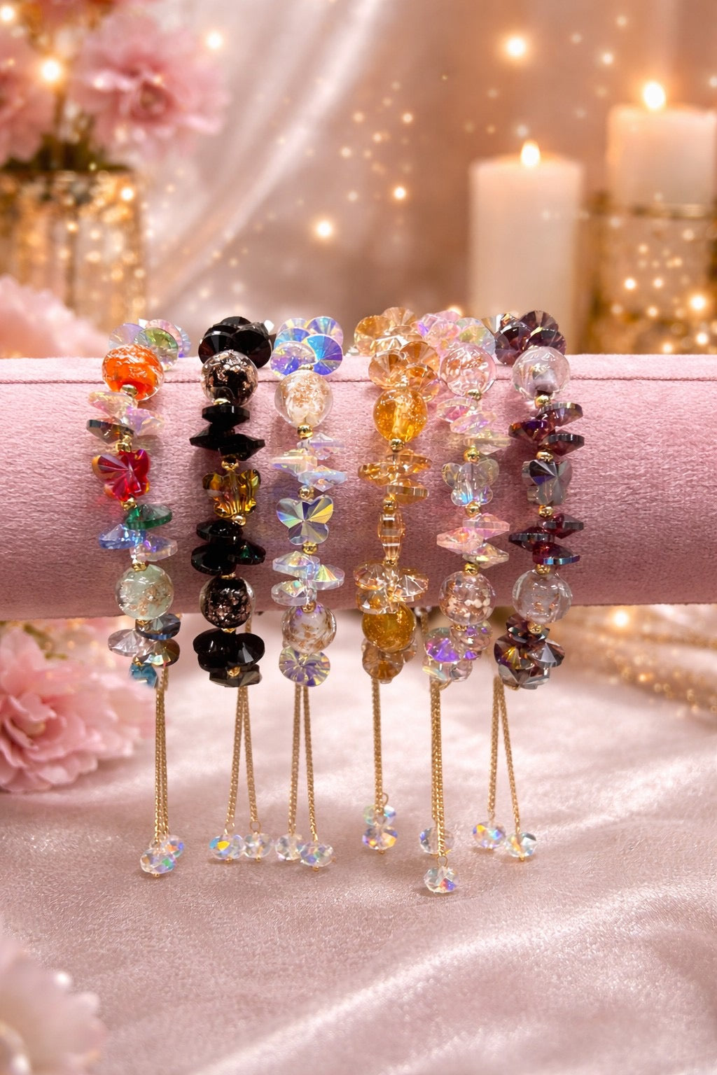 Anti-Tarnish Crystal Beaded Bracelet with Tassel – Premium Korean Style Adjustable Chain Bracelet for Women & Girls( pack of 6)
