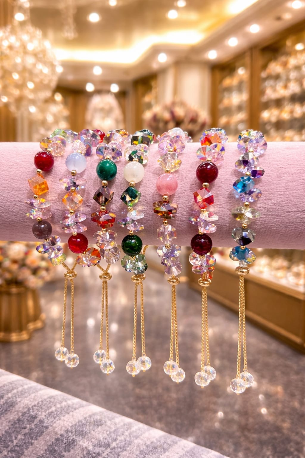 Anti-Tarnish Crystal Beaded Bracelet with Tassel – Premium Korean Style Adjustable Chain Bracelet for Women & Girls( pack of 6)