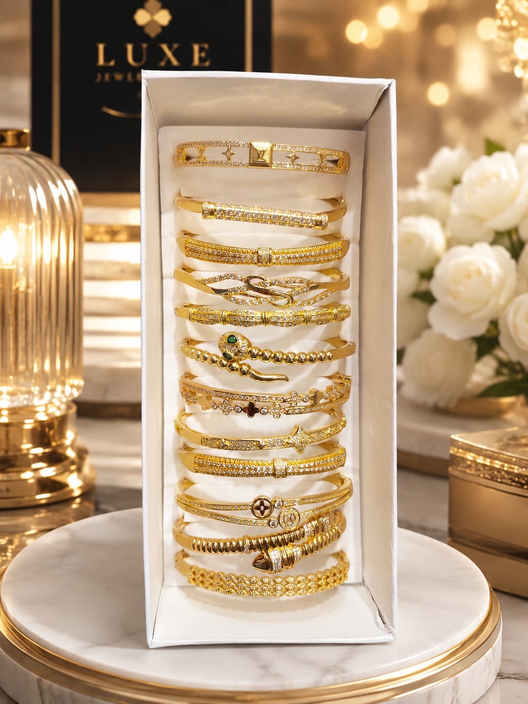 Korean stainless steal bracelet with anti tarnish polish +ad stones ( pack of 12 piece mix design)