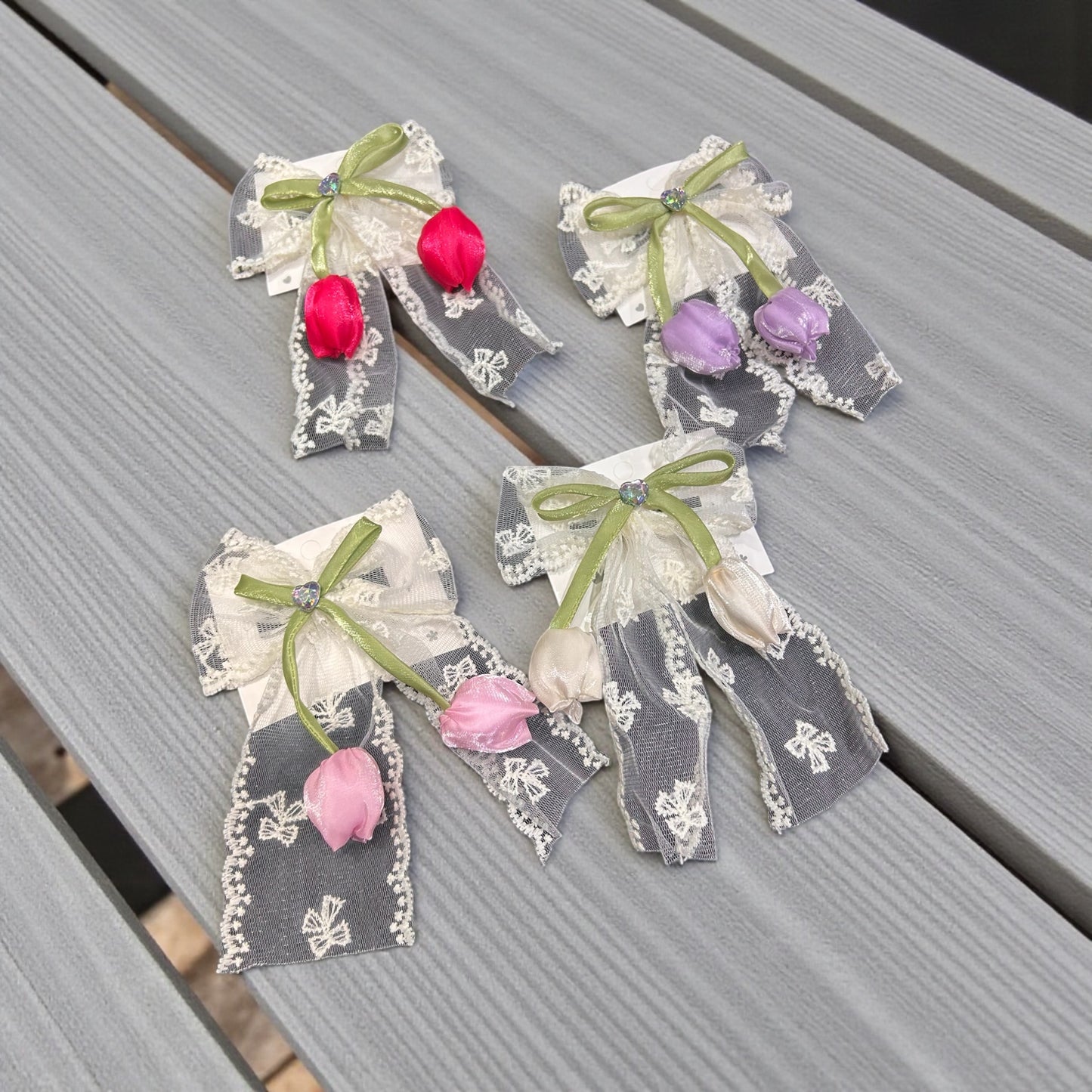 Lace Bow Hair Clips with Floral Bud Charms – Elegant Vintage Style( pack of 12)