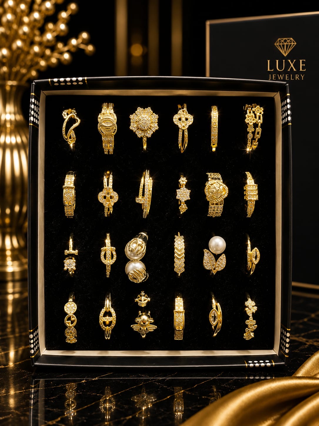 Premium Gold-Plated Adjustable Ring Set – 24 Luxury Statement Designs | Korean Fashion Jewelry Collection(pack of 24)