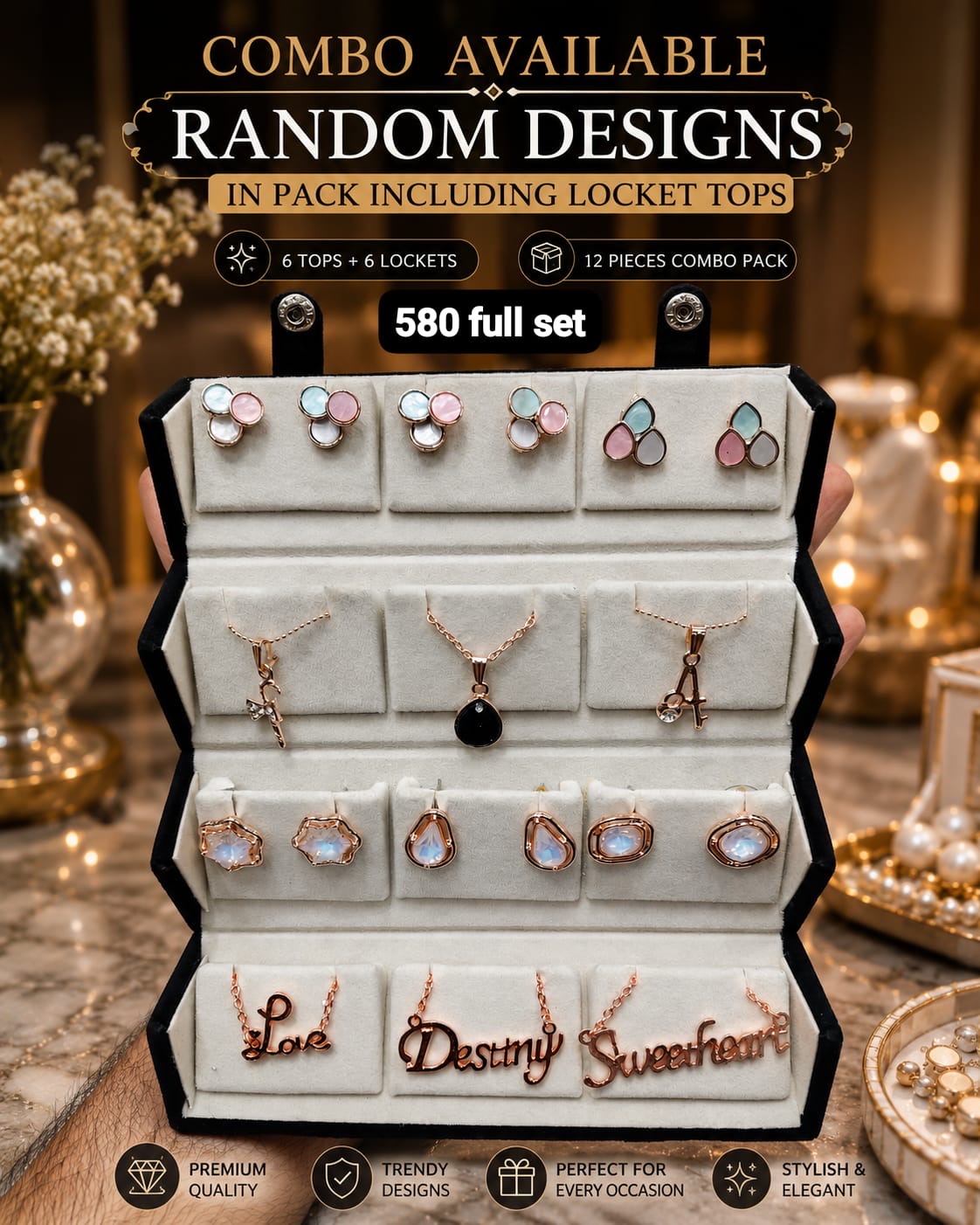 Trending combo set (earrings and locket’s)(random design in packing including locket and tops) pack of one combo