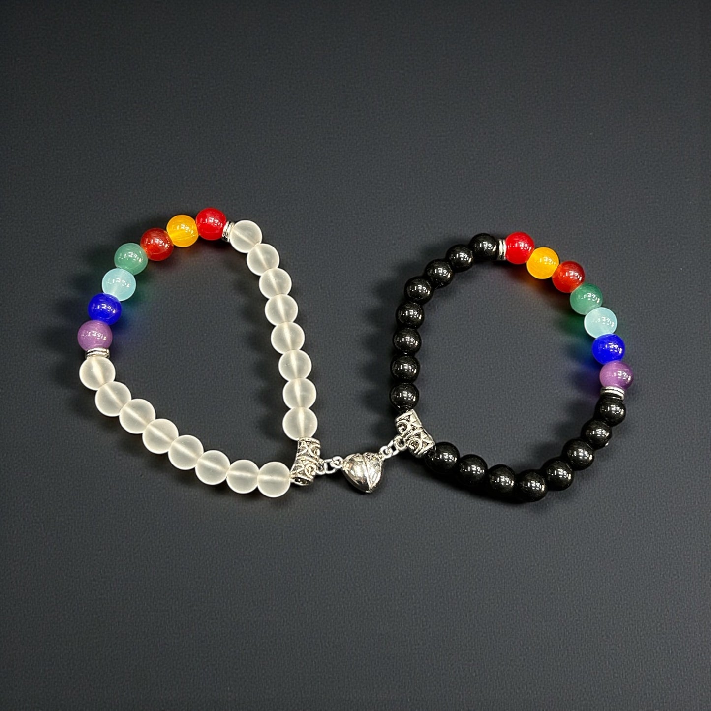 Rainbow Chakra Beaded Bracelet | Frosted & Glossy Stone Beads | Heart Charm Adjustable Jewelry ( pack of 6)