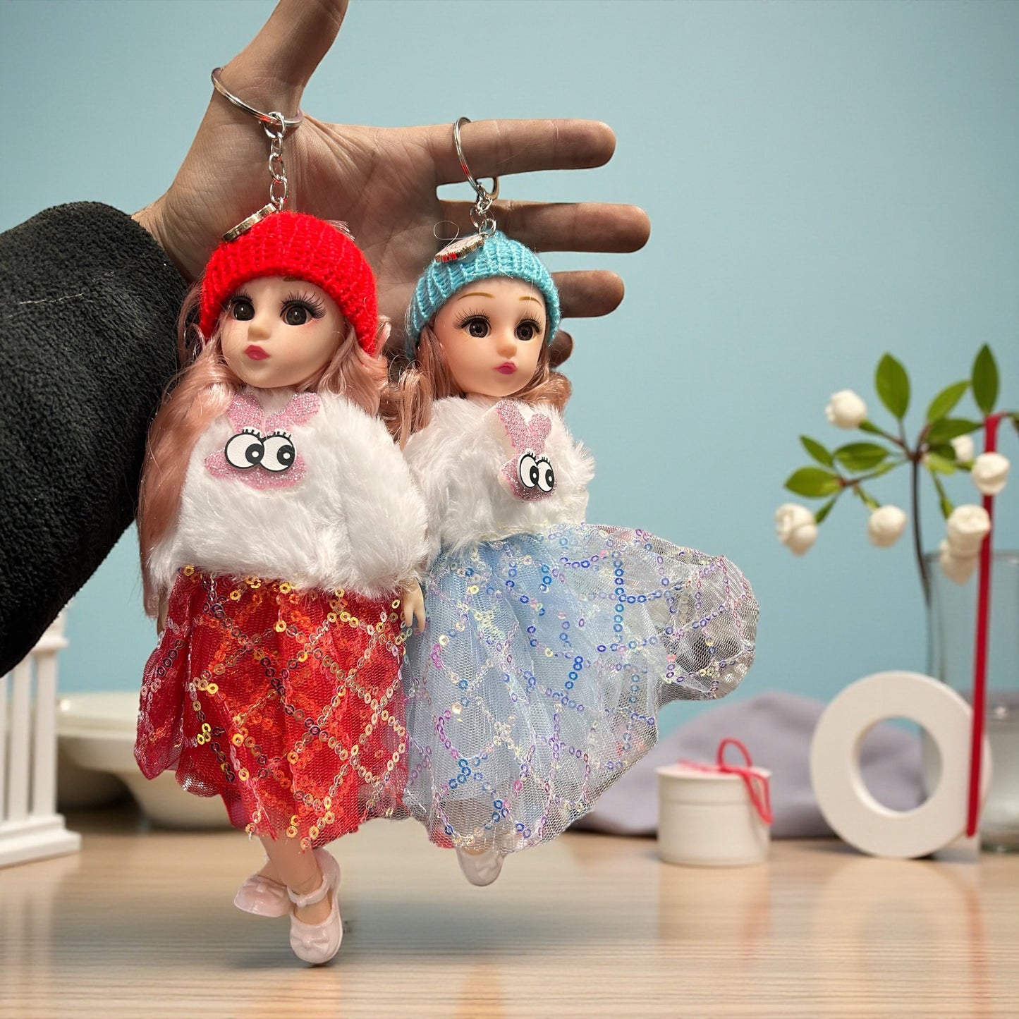 Winter Style Cute Doll Keychain with Woolen Cap & Fluffy Jacket – Trendy Bag Charm( pack of 6)