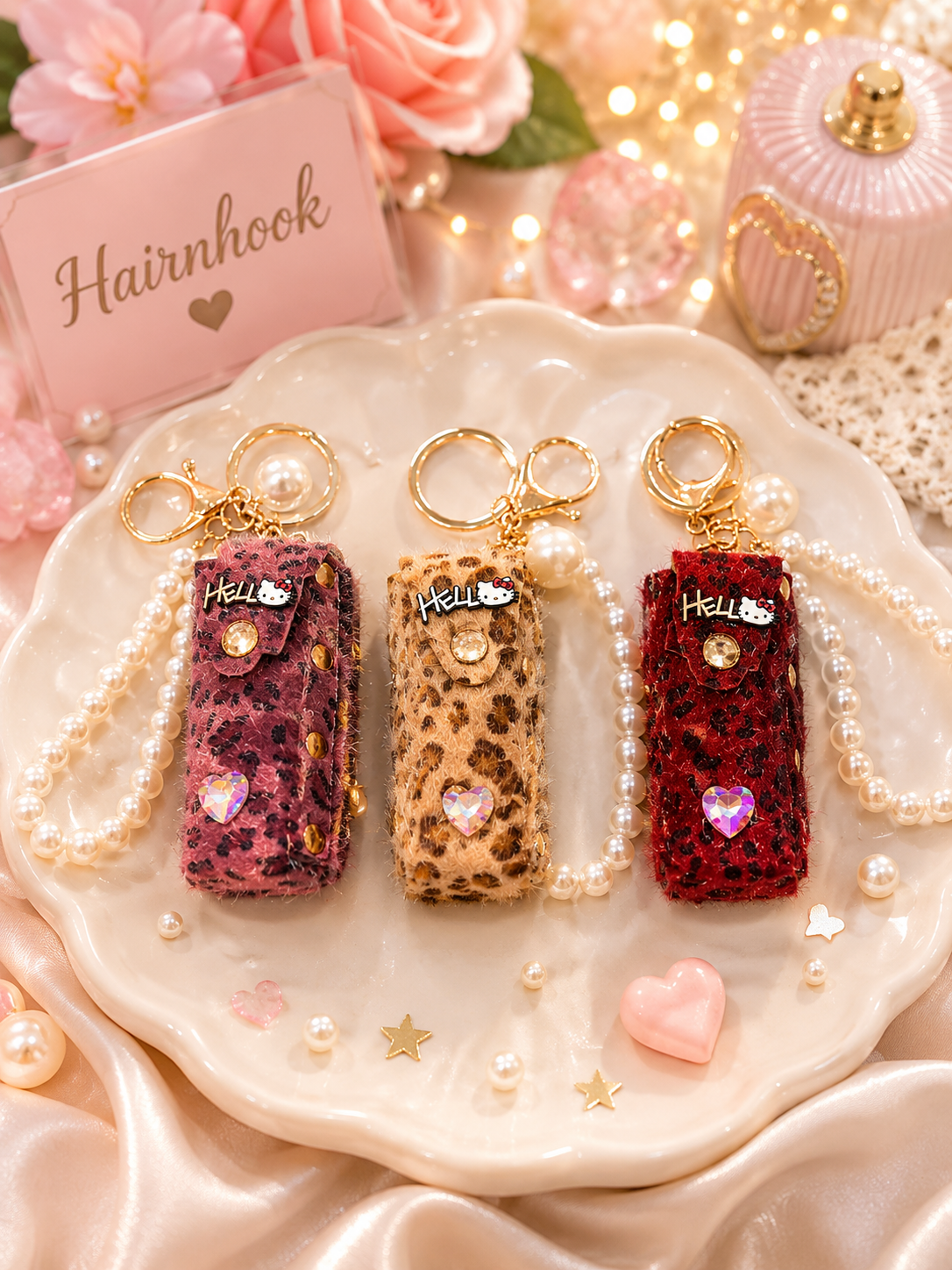 Premium Leopard Print Lipstick Holder Keychain with Pearl Charm – Cute Bag Charm (pack of 12)