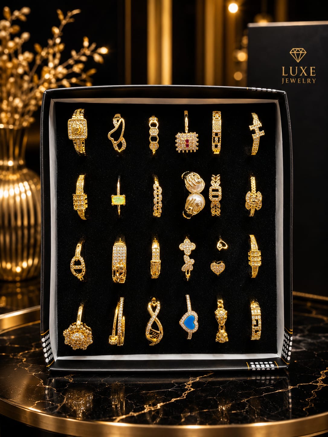 Premium Gold-Plated Adjustable Ring Set – 24 Luxury Statement Designs | Korean Fashion Jewelry Collection(pack of 24)