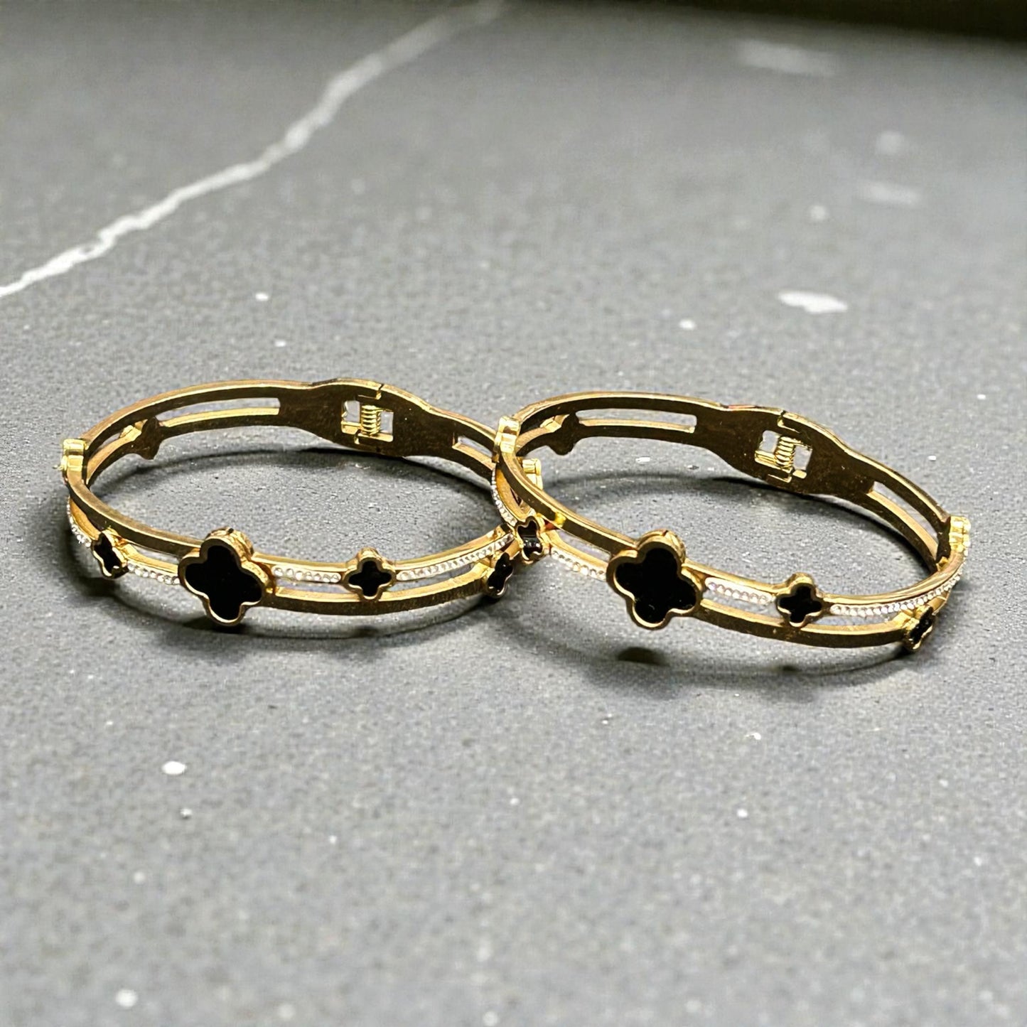 Anti-Tarnish Gold-Tone Clover Charm Kada Bangles with Black Enamel Accents ( pack of 3)