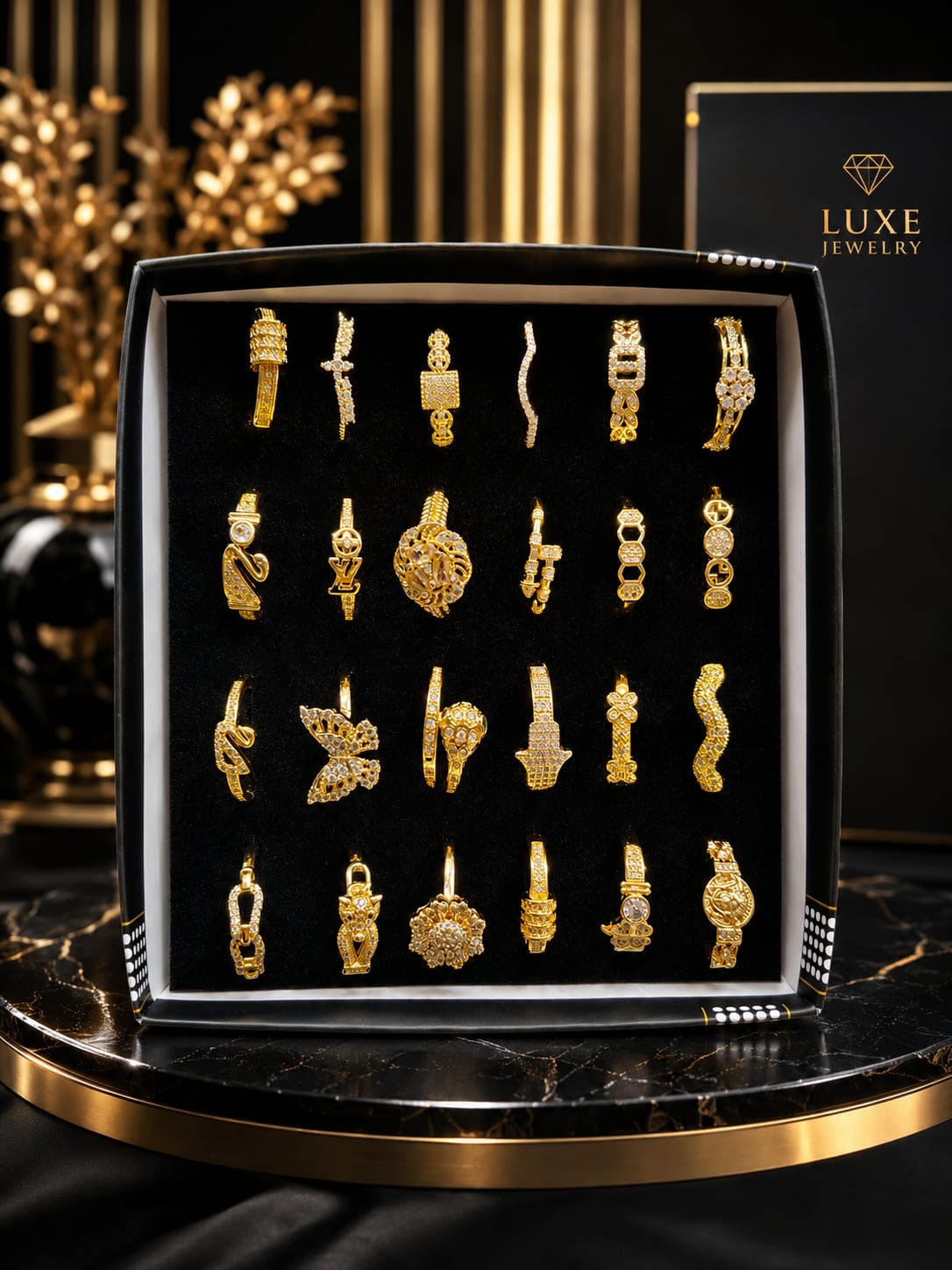 Premium Gold-Plated Adjustable Ring Set – 24 Luxury Statement Designs | Korean Fashion Jewelry Collection(pack of 24)