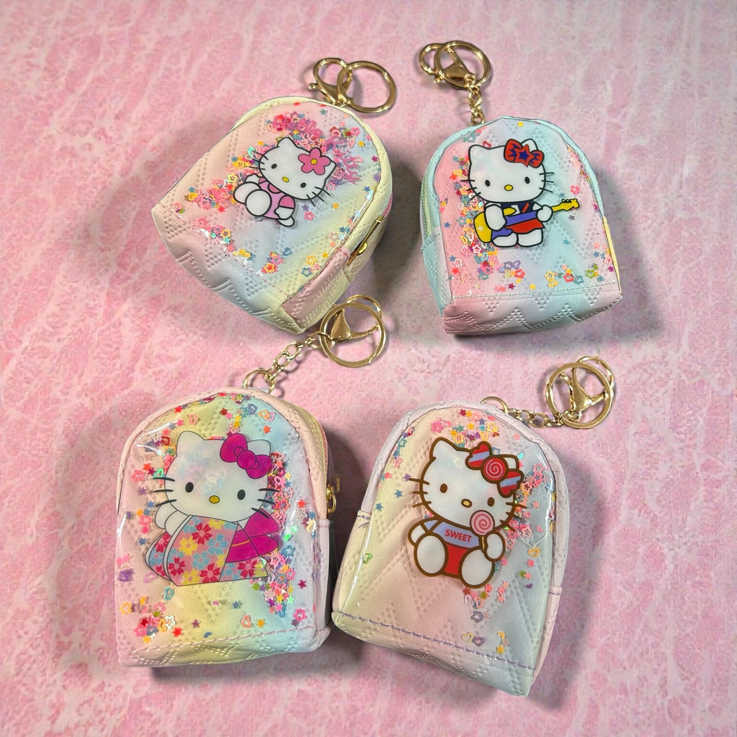 Hello Kitty Mini Backpack Coin Pouch Keychain – Cute Glitter Wallet Charm ( pack of 12)