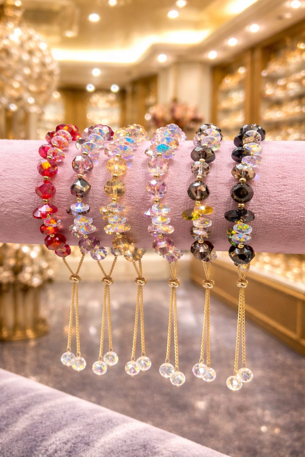 Anti-Tarnish Crystal Beaded Bracelet with Tassel – Premium Korean Style Adjustable Chain Bracelet for Women & Girls( pack of 6)