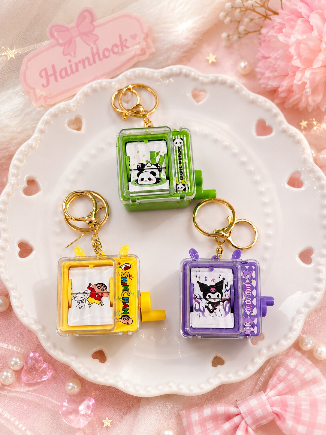 Mini Cartoon Flipbook Keychain | Cute Crank Animation Keychain | Panda, Shinchan & Kuromi | Wholesale(pack of 12)