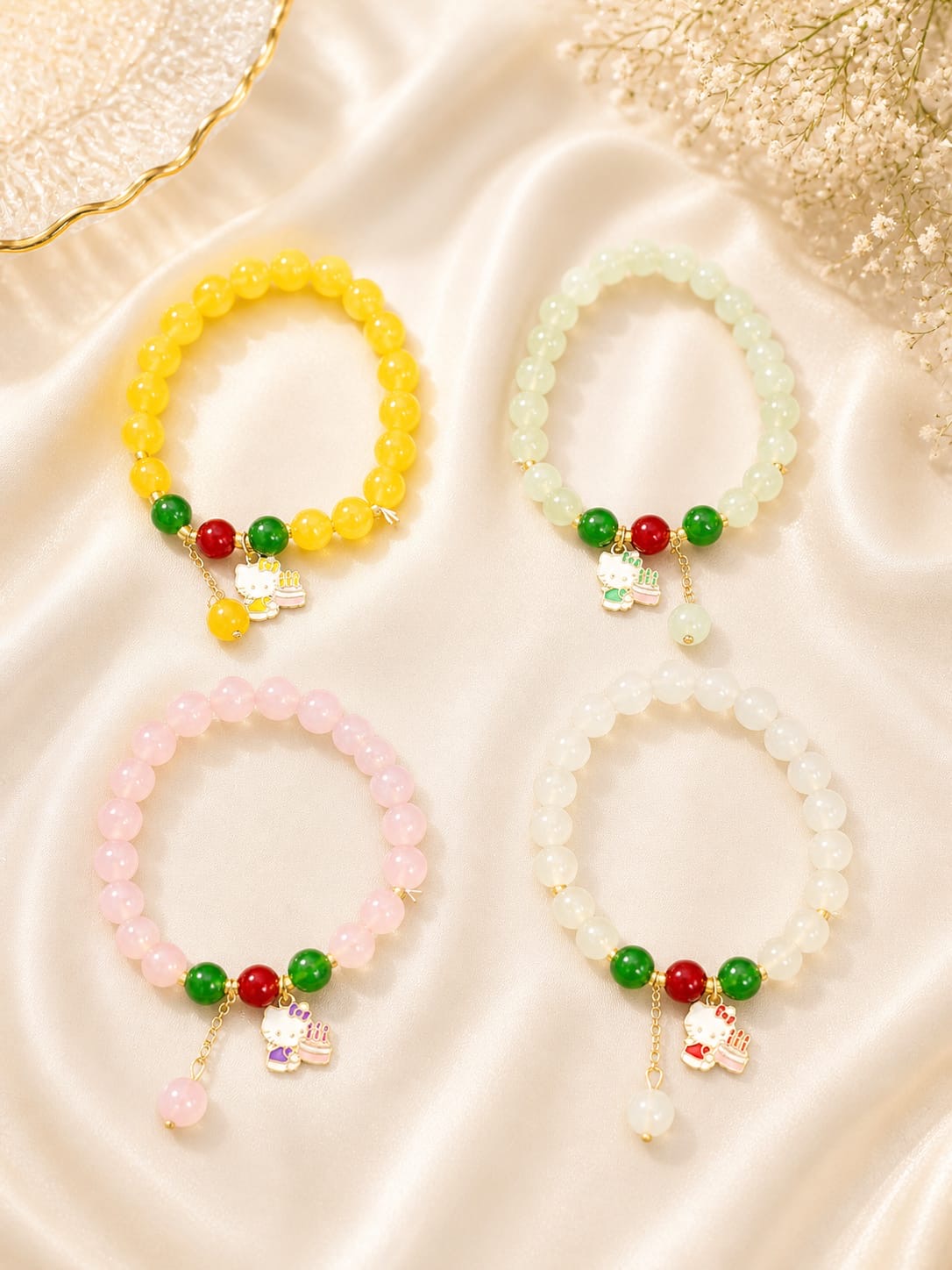 Cute Beaded Charm Bracelet – Pastel Candy Colors with Kitty Pendant(pack of 10)