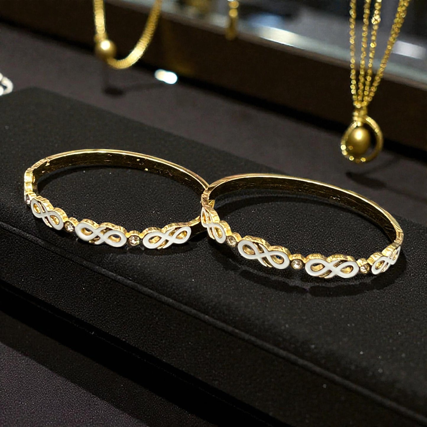 Gold-Tone Infinity Motif Openable Bangles with White Enamel & anti tarnish Crystal Accents( pack of 3)