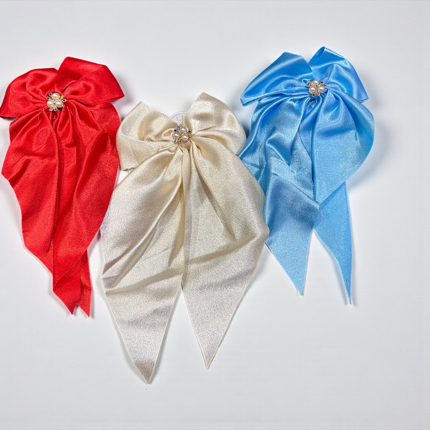 Satin Long Bow Hair Clips with Crystal Center – Premium Party Collection( pack of 12)