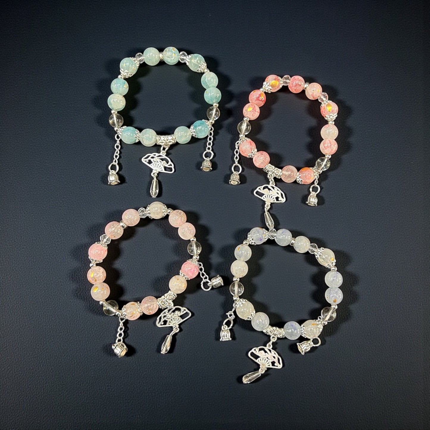 Fan Charm Crystal Beaded Bracelet | Pastel Crackle Beads | Adjustable Elegant Jewelry
( pack of 12)