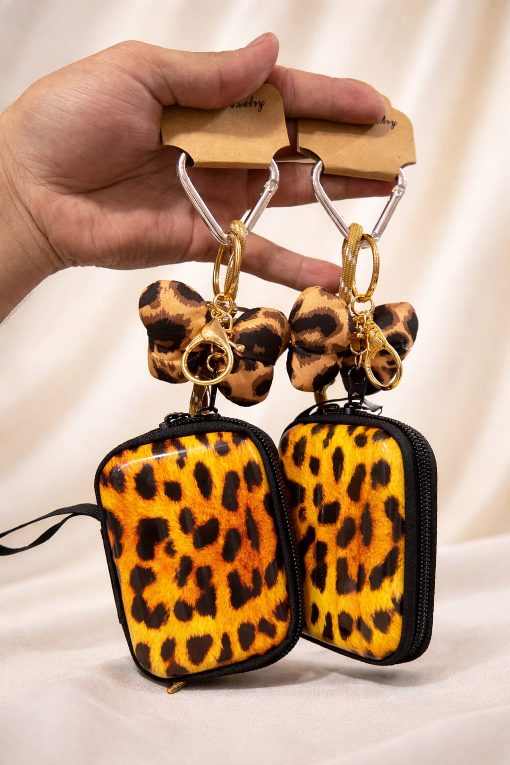 Luxury Leopard Print Mini Zip Pouch Keychain with Bow Charm( pack of 3)