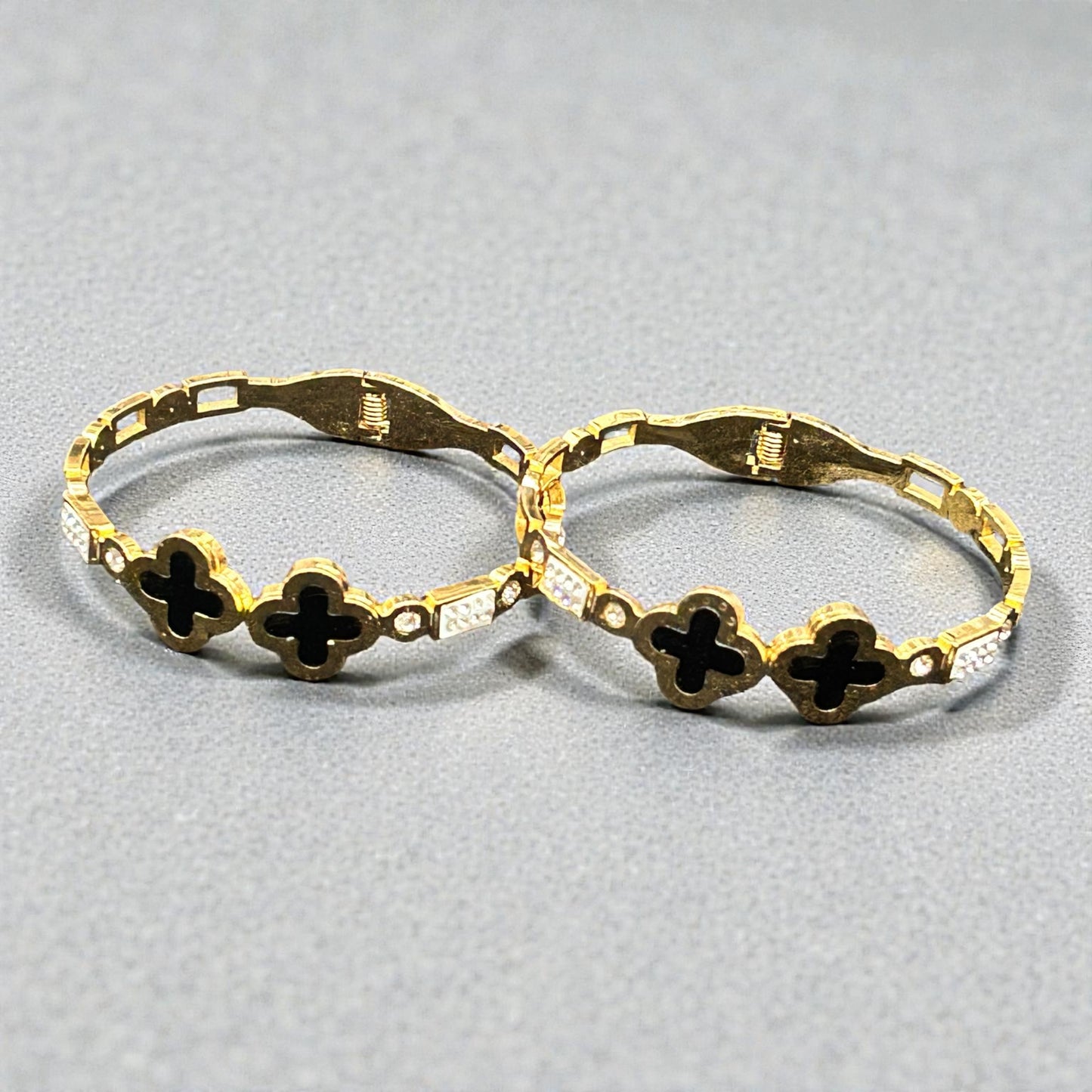 Anti-Tarnish Gold-Tone Black Clover Kada Bangles with Crystal Accents ( pack of 3)