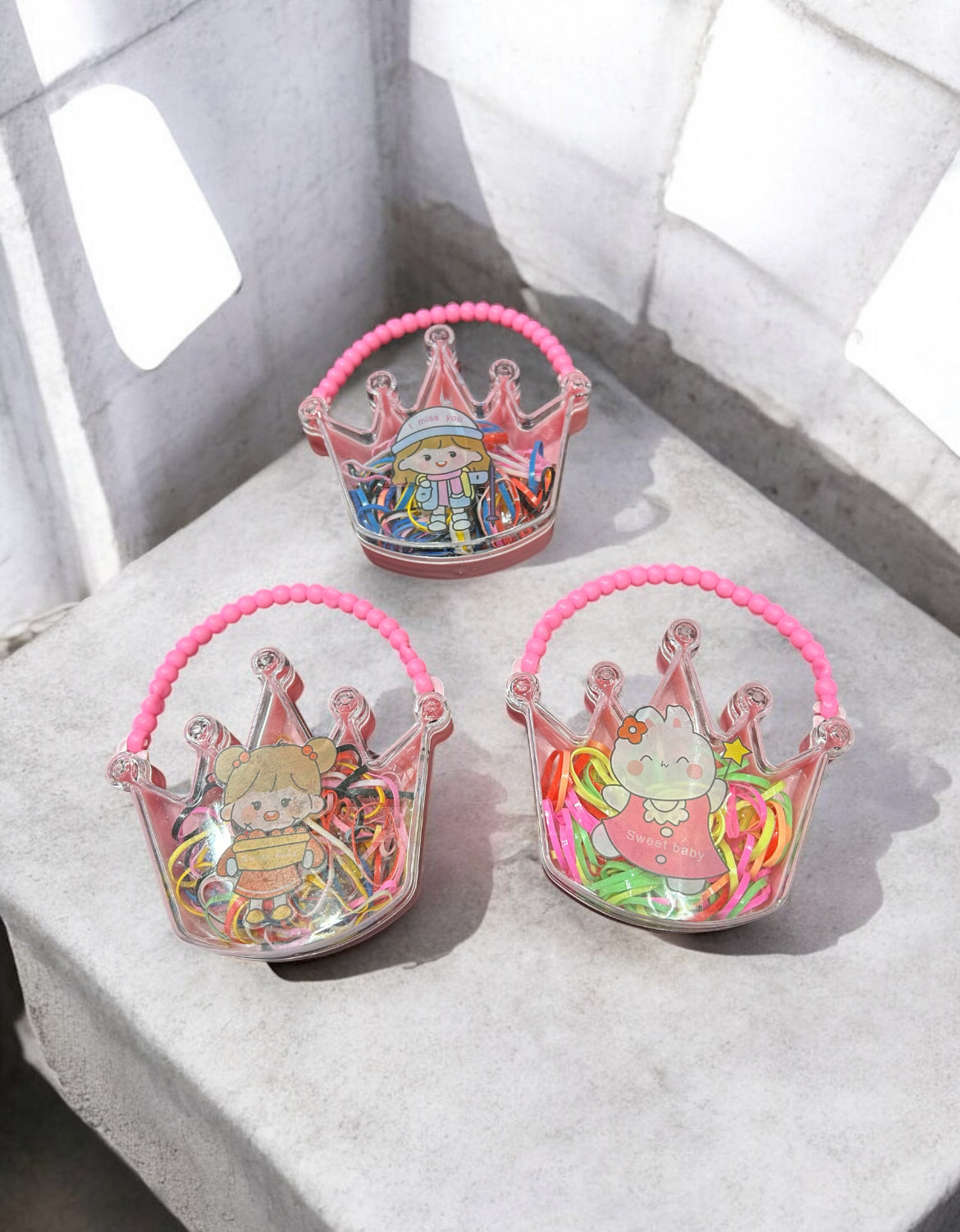 Cute Crown Shape Hair Accessories Organizer – Kawaii Princess Storage Box with Colorful Hair Bands( pack of 12)