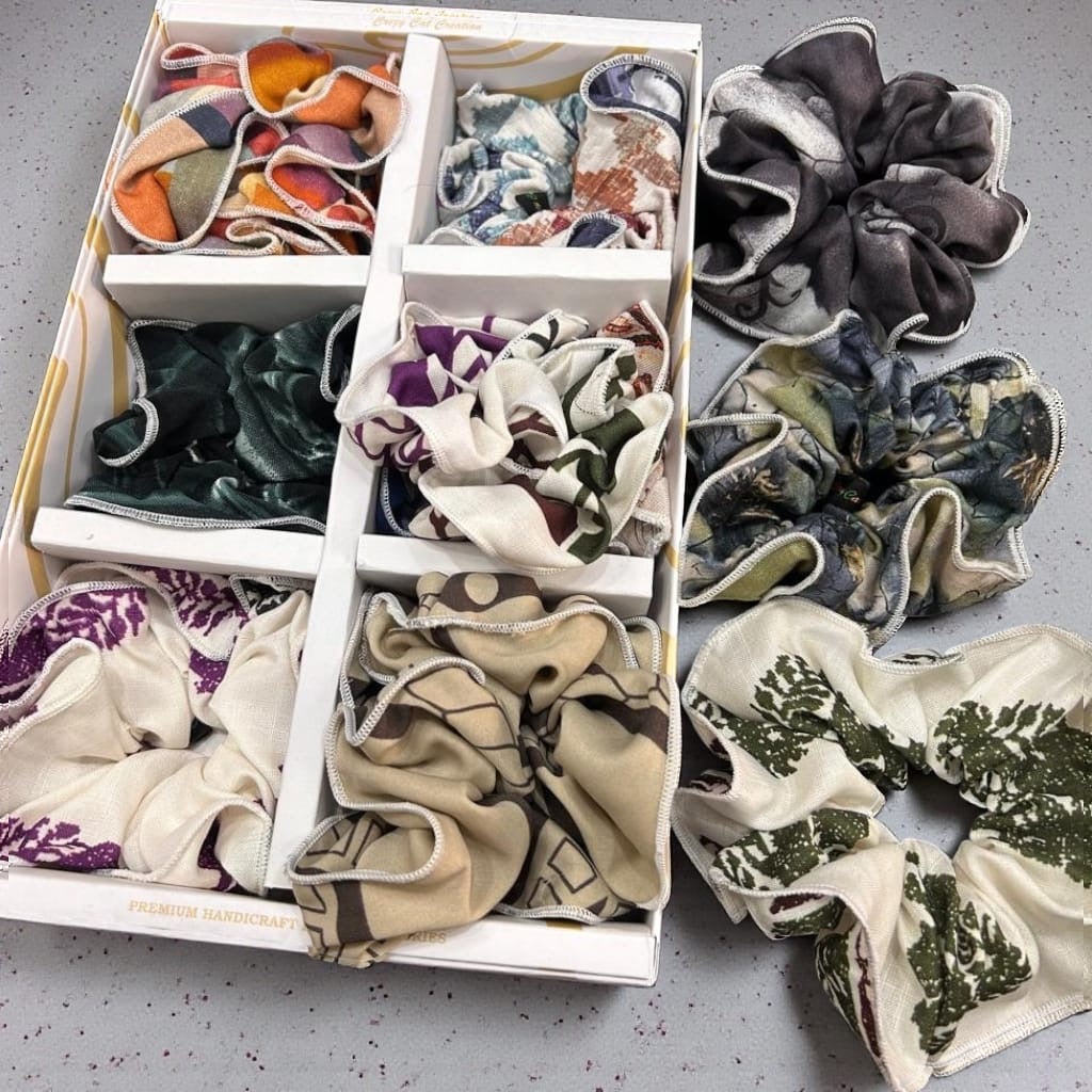 Premium Printed Fabric Hair Scruncher Set – Soft Cotton Blend Stylish Ponytail Holders ( pack of 12)