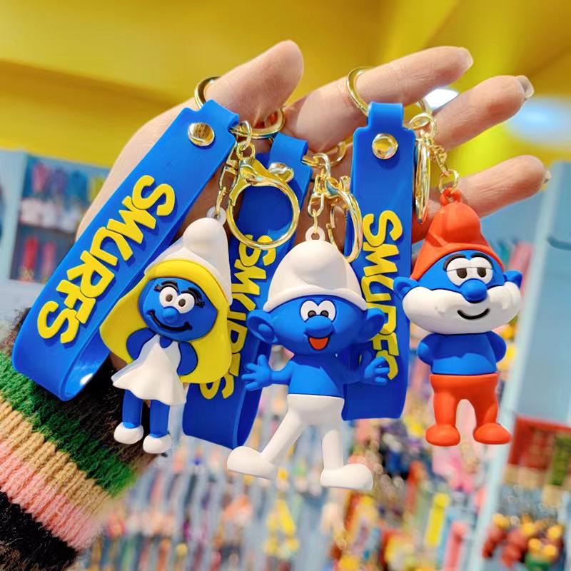 Cute Smurf Cartoon Keychain with Strap | Soft Rubber Character Key Ring for Bags & Keys ( pack of 12)