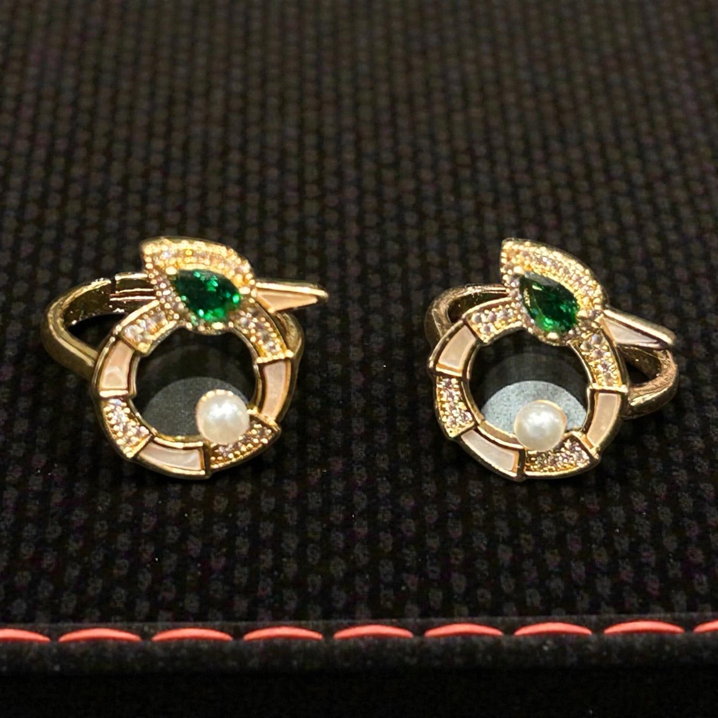 Anti-Tarnish Gold Plated Green Stone & Pearl Adjustable Ring – Luxury Designer Statement Ring