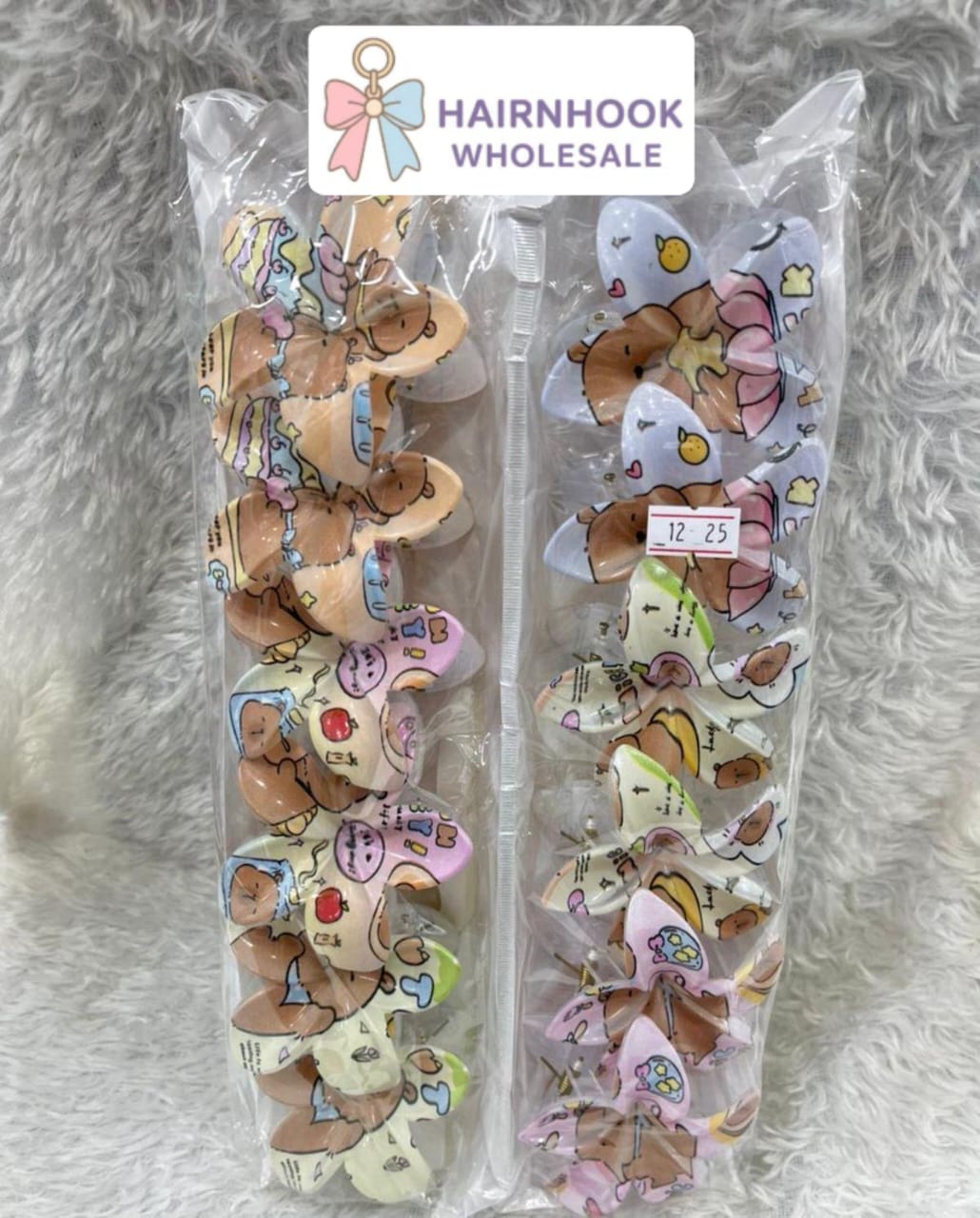 Cute Cartoon Bear Flower Hair Claw Clips Set | Glossy Printed Design | Wholesale Hair Accessories( pack of 12)