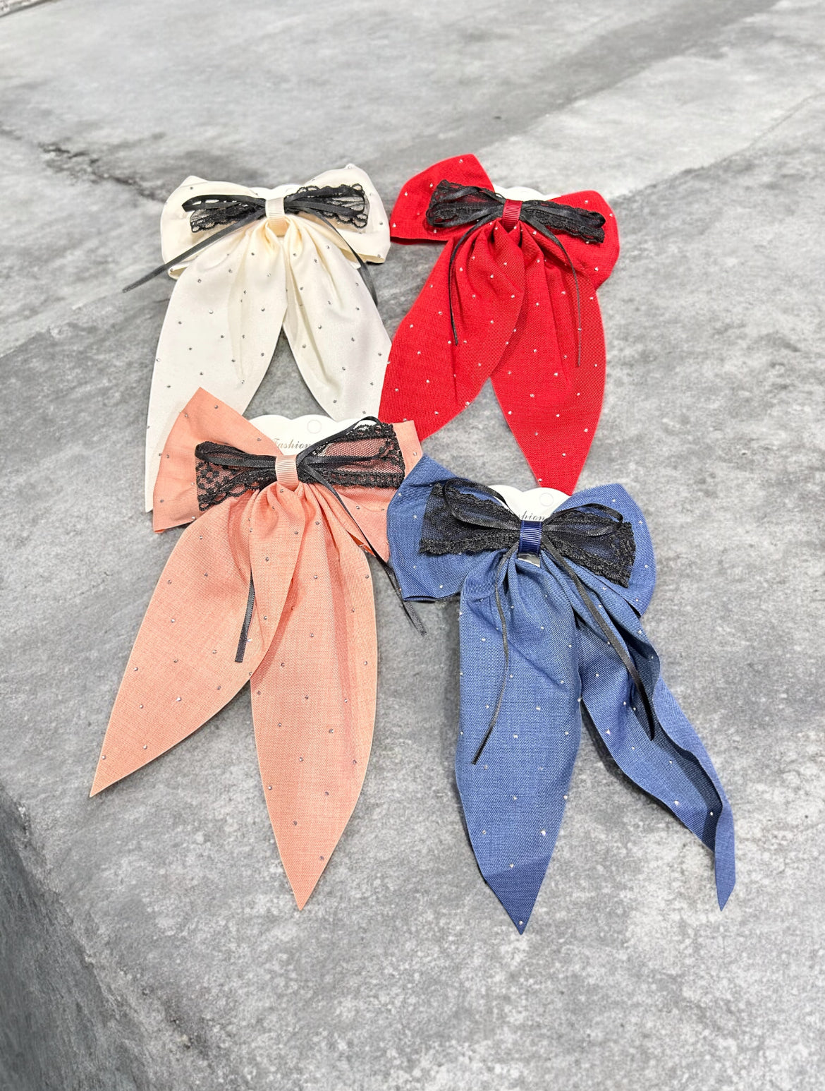 Elegant Lace Bow Hair Clip with Long Tails – Korean Rhinestone Ribbon Hair Accessory for Women & Girls (pack of 12)