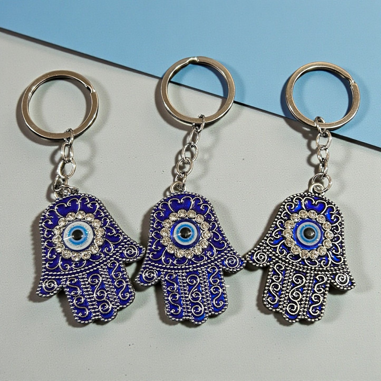 Blue Evil Eye Hamsa Hand Keychain – Crystal Nazar Protective Charm Key Ring( pack of 12)
