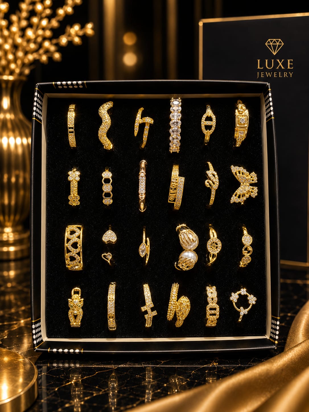 Premium Gold-Plated Adjustable Ring Set – 24 Luxury Statement Designs | Korean Fashion Jewelry Collection(pack of 24)