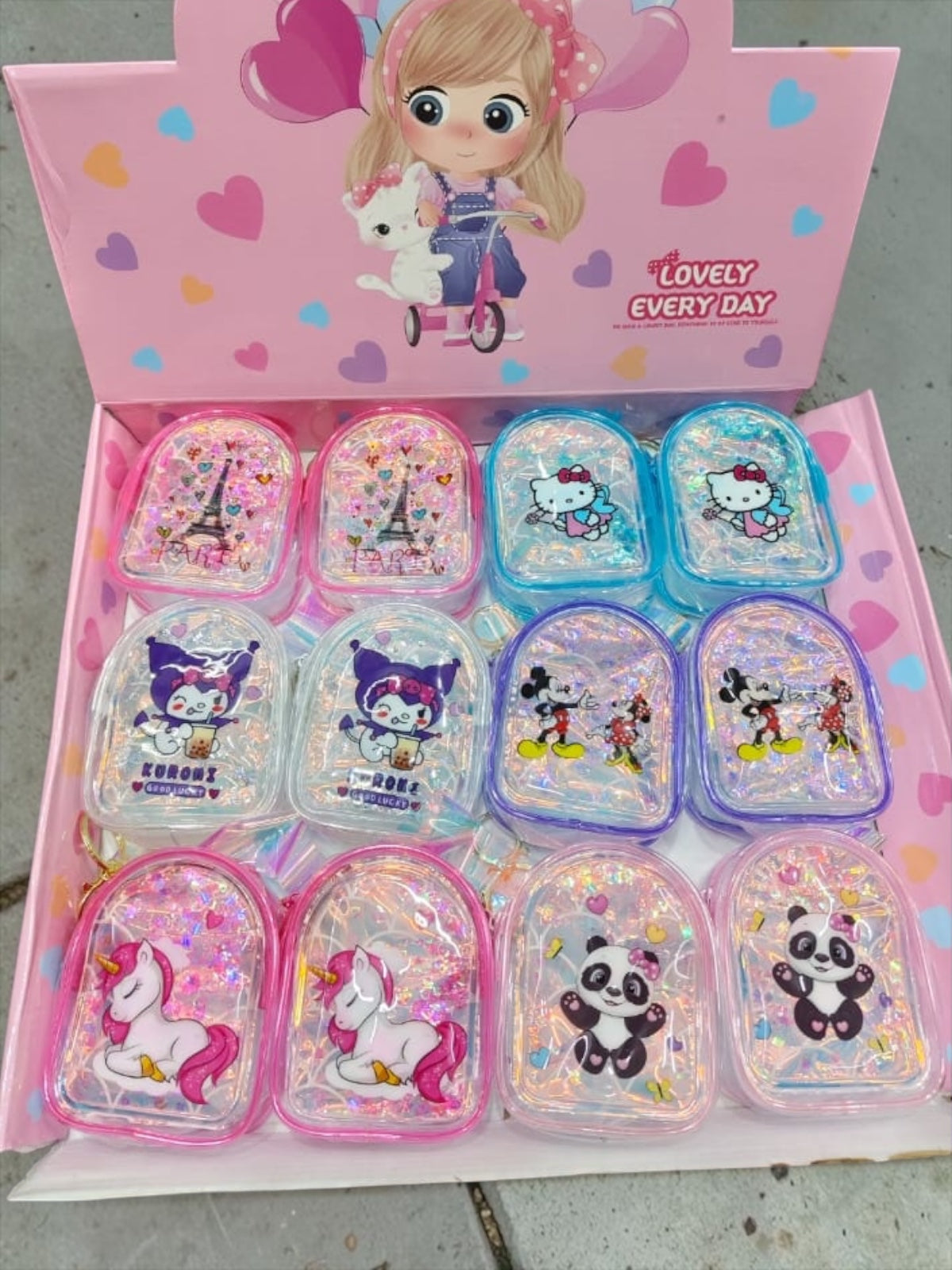 Cute Cartoon Printed Glitter Pouch Keychain – Assorted Designs(pack of 12)