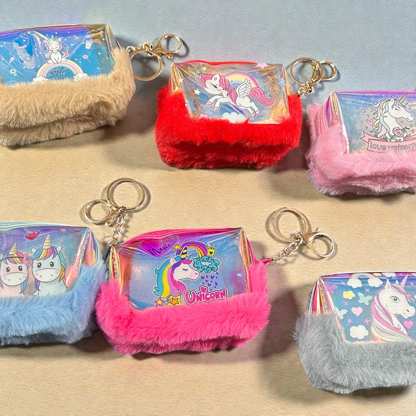 Cute Unicorn Fur Coin Purse with Key Ring ( pack of 12)