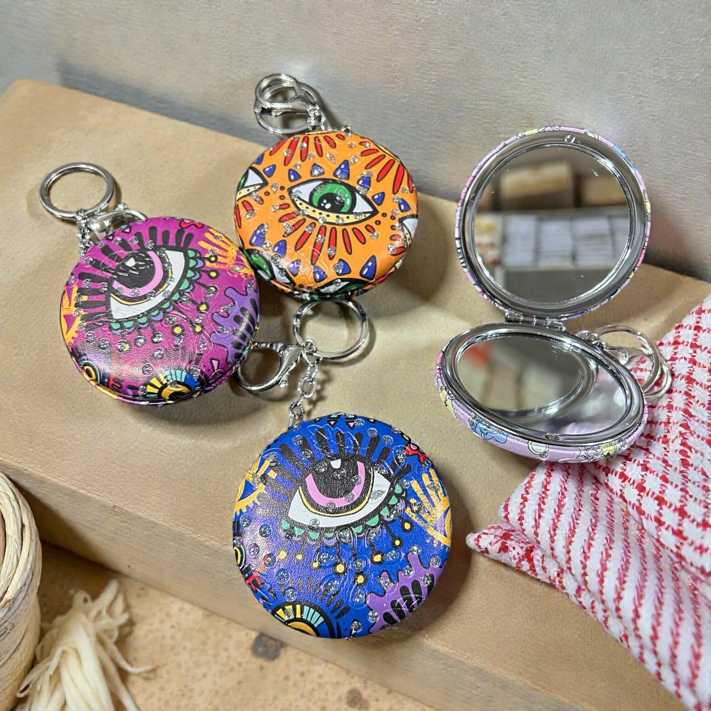 Evil eye Printed Compact Mirror Keychain – All Designs | Cute Foldable Pocket Mirror ( pack of 12)
