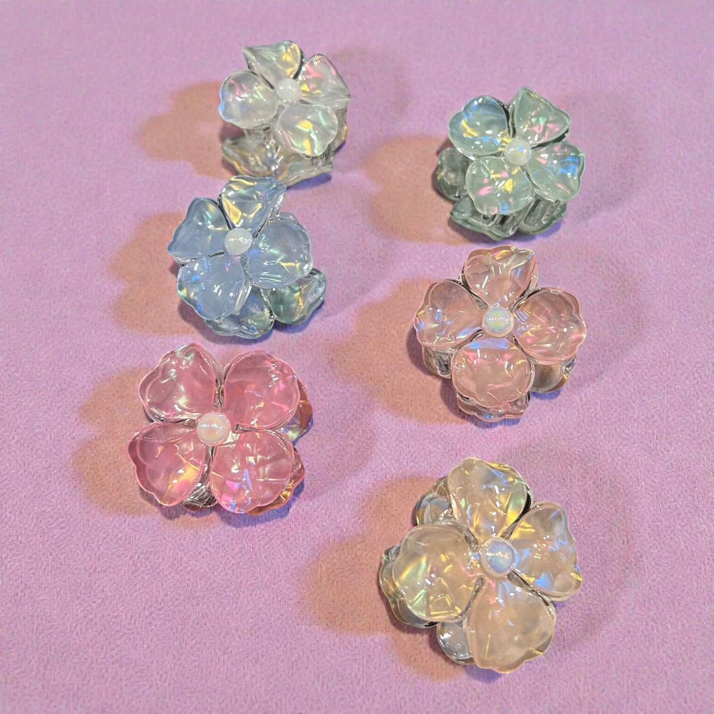 Iridescent Flower Hair Claw Clip with Pearl Center | Korean Style Floral Hair Clip( pack of 12)