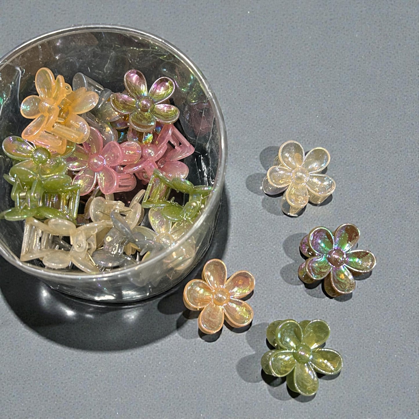 Mini Iridescent Flower Hair Claw Clips – Transparent Glitter Design ( pack of 24)