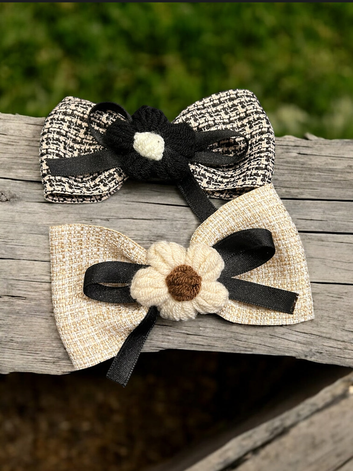 Classic Tweed Bow Hair Clip with Handmade Floral Center ( pack of 10)