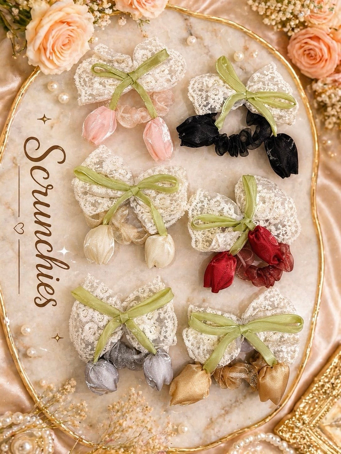 Premium Korean Lace Bow Tulip Scrunchies Set 🌷 | Elegant Hair Accessories for Girls & Women(pack of 12)
